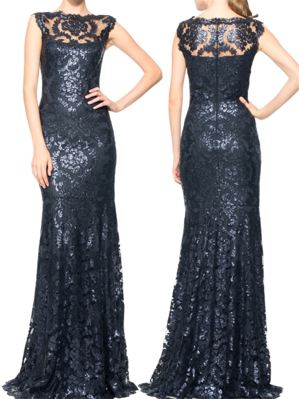Tadashi Paillette Embroidered Lace Gown 8 Navy Blue Sequin Maxi Floor Length